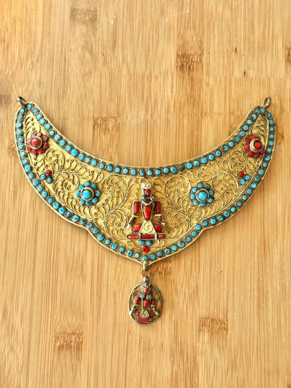 Vintage Early Century Tibetan Buddhist Coral & Turquoise Collar Bib Necklace